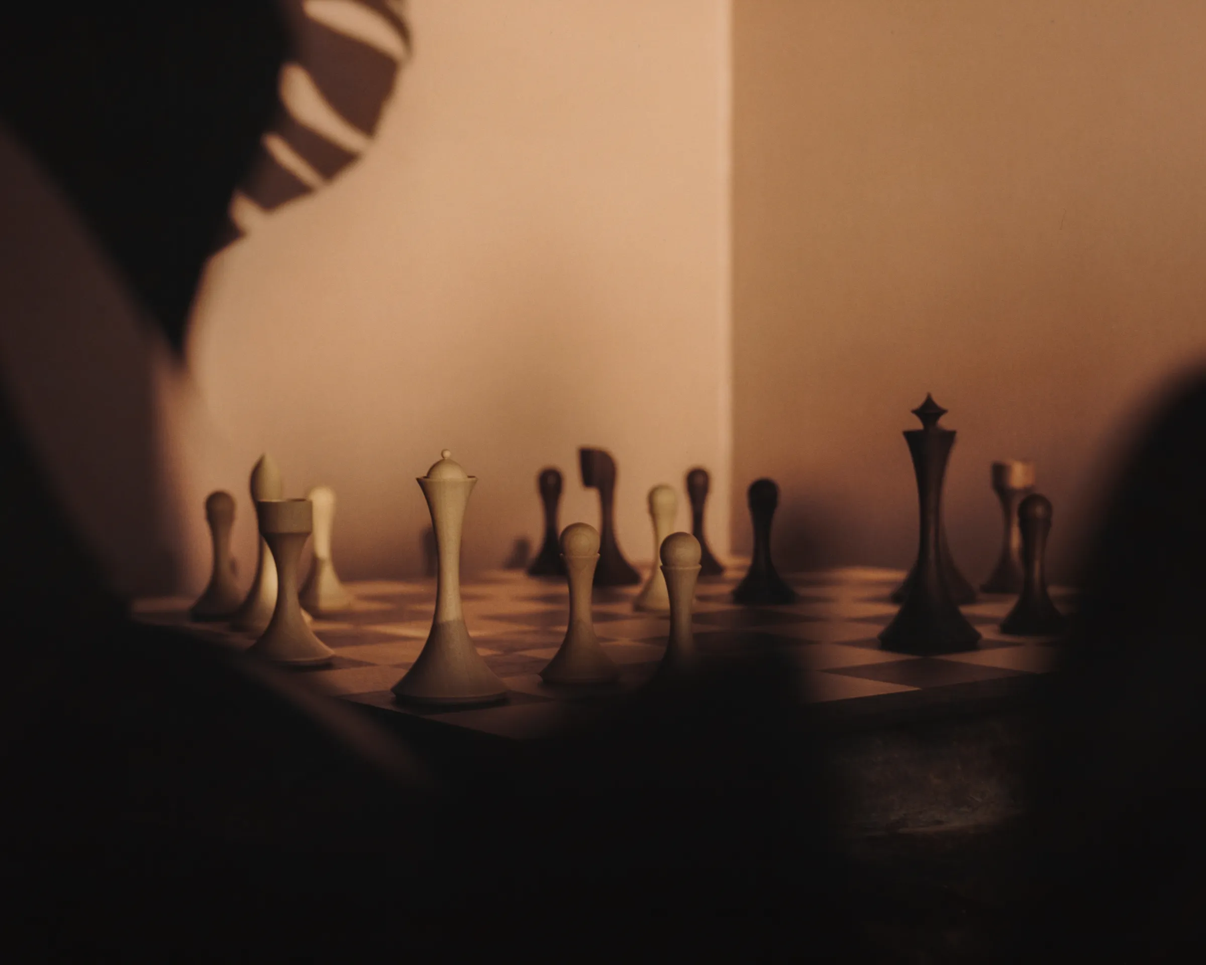 Turned wooden chess pieces on film in warm directional light, Hasselblad 500CM square medium format negative