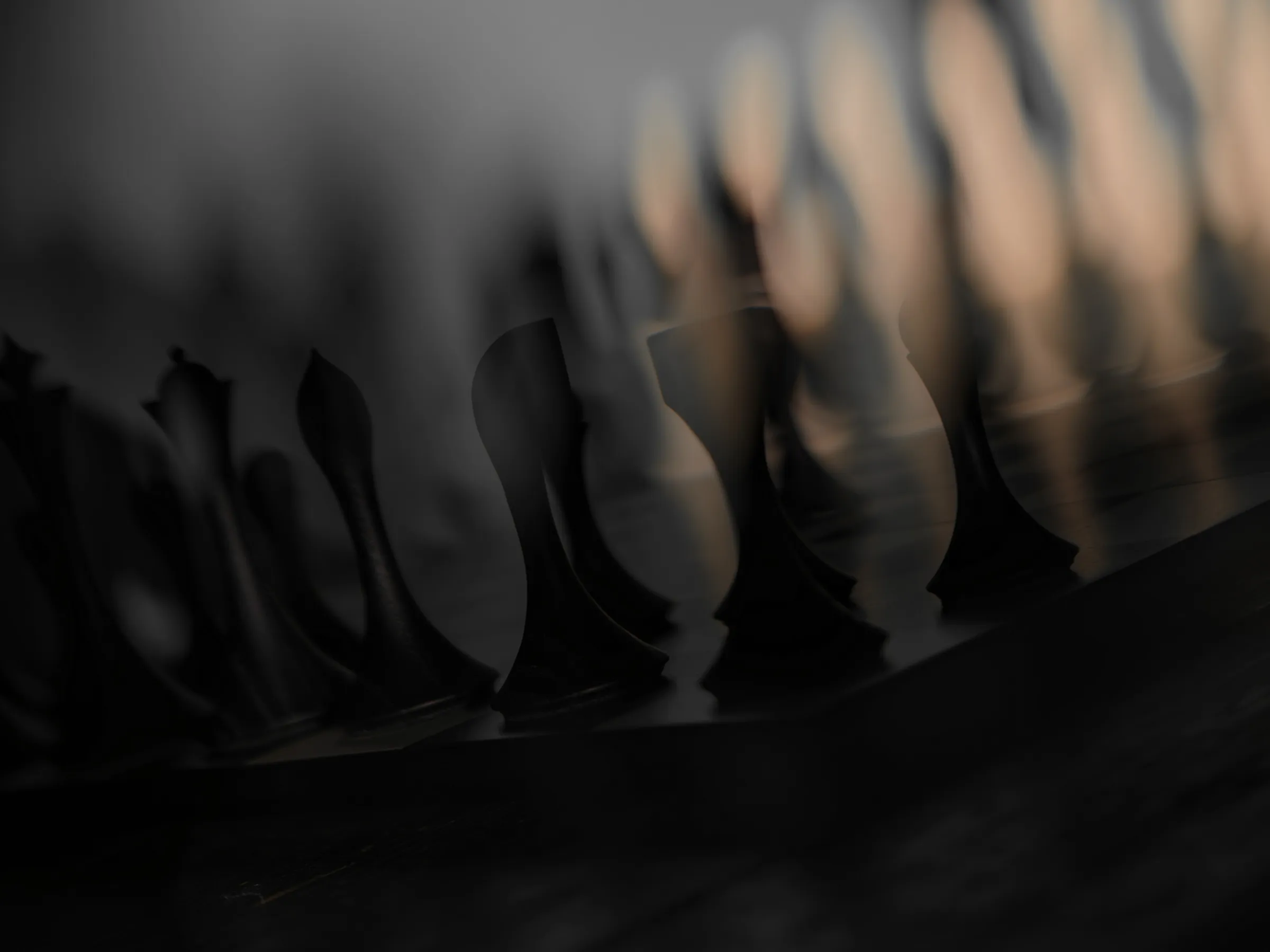 Cream white chess pieces built out of gradient light on matte oiled wood, studio lighting, Hasselblad X2D II 100C