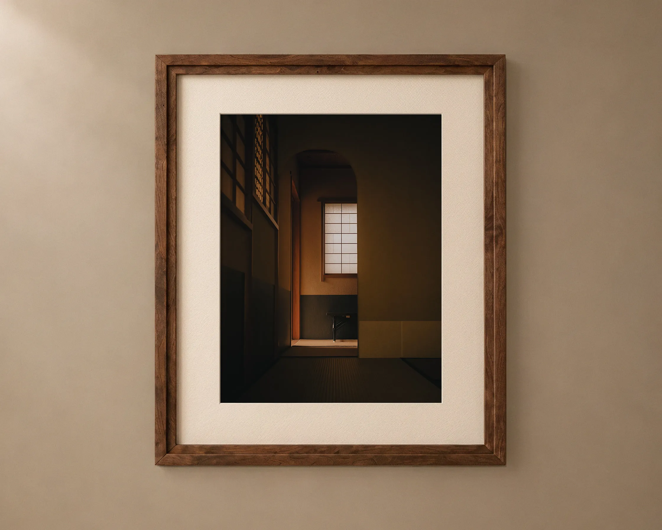 Tea Room, framed: A Japanese tea room, a shoji window lit from outside beyond an arched doorway