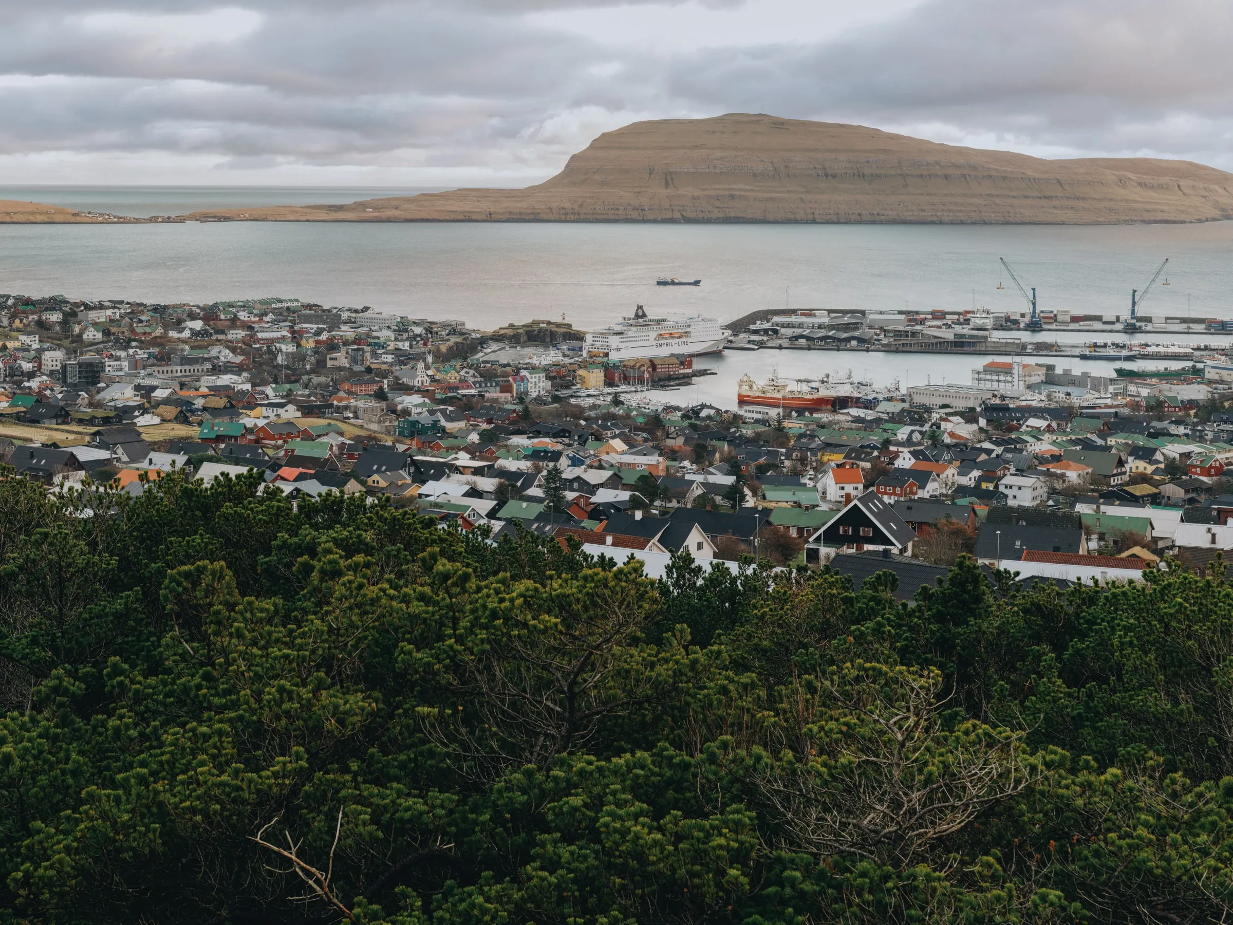 Tórshavn from the hill above Hotel Føroyar, Nólsoy across the sound