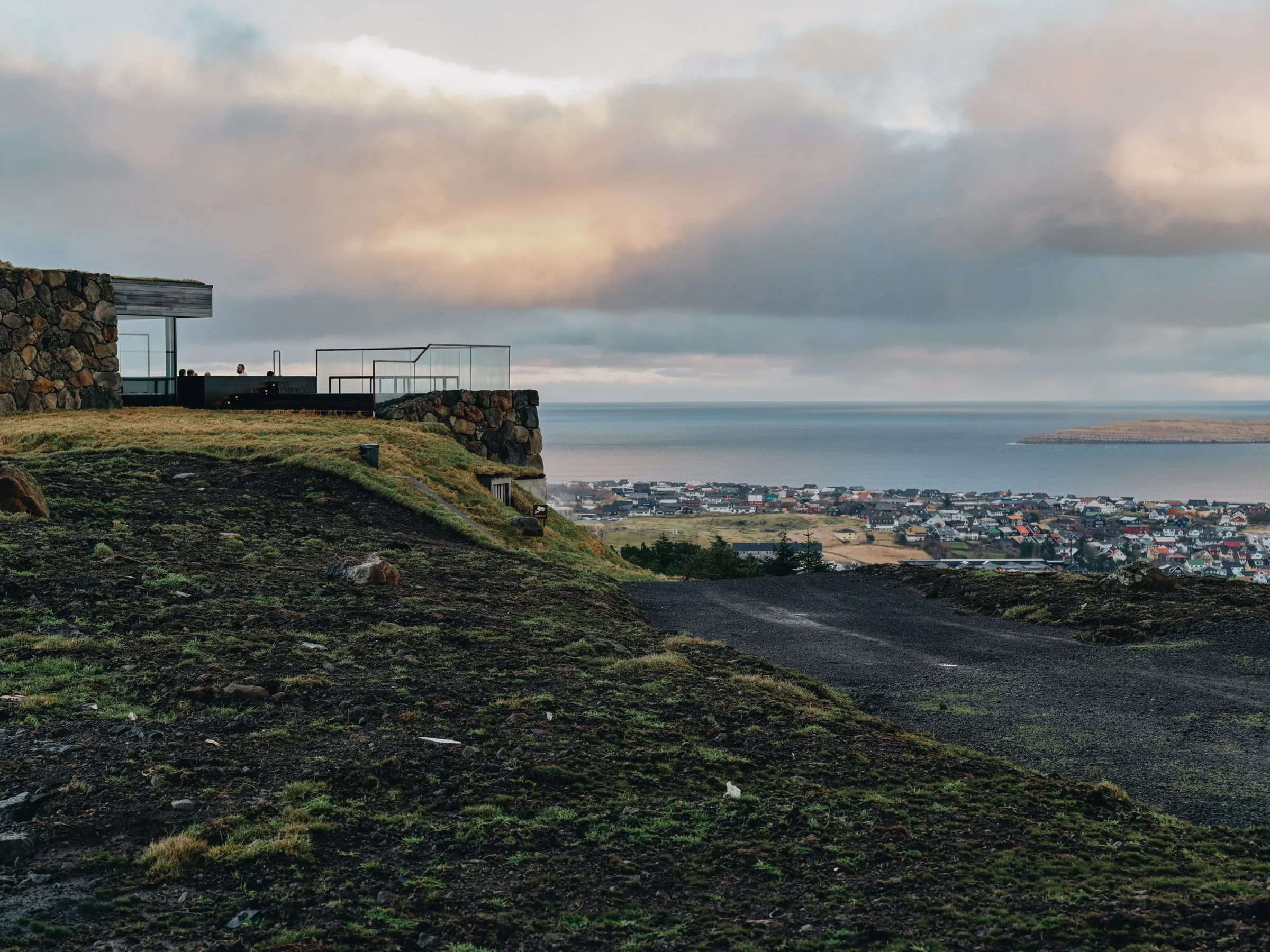 The terrace of Ress Spa above Tórshavn, the sea and the islands beyond