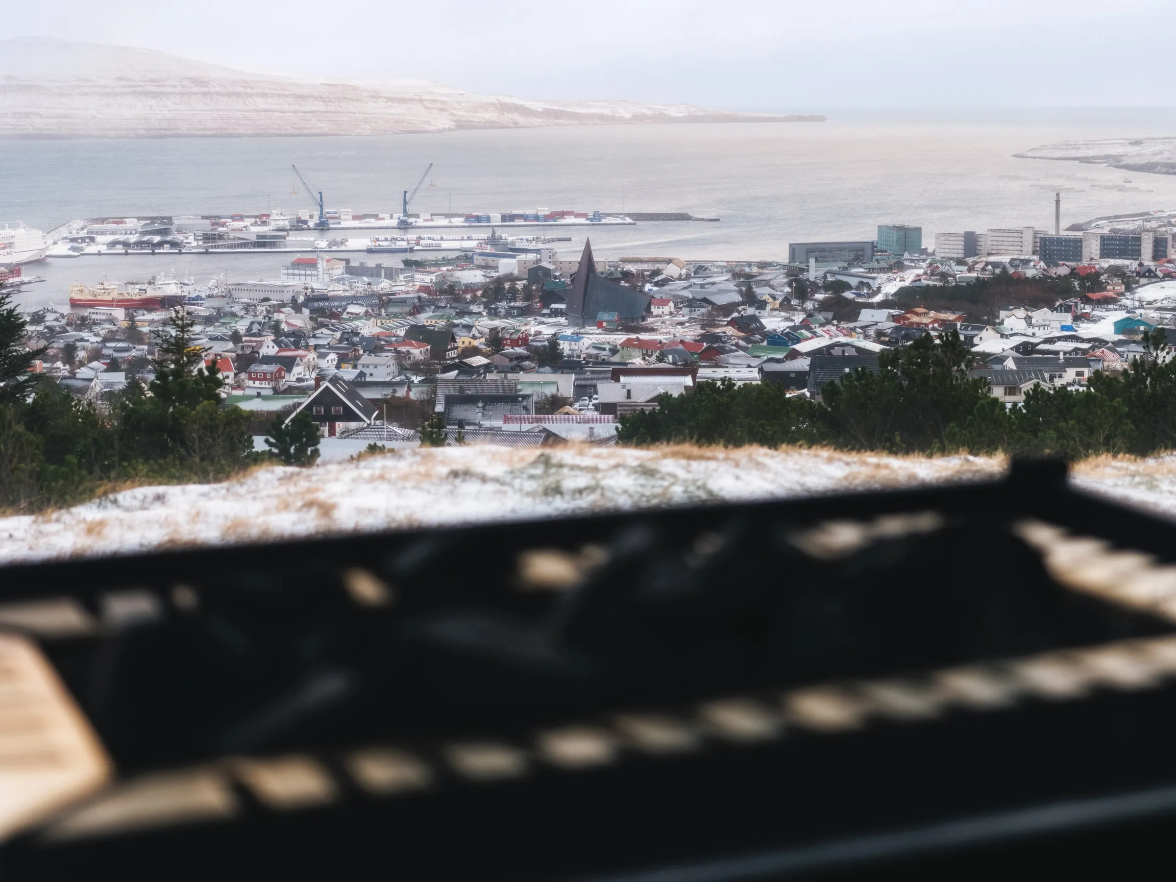 Tórshavn seen through the timber louvres of the spa house
